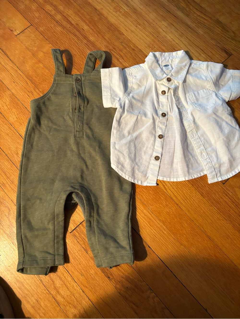 Old Navy Olive Green Overalls with White Button Shirt